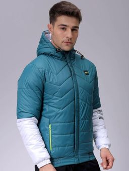 The Indian Garage Co - Men Teal Colorblock Hooded Full Sleeves Jacket