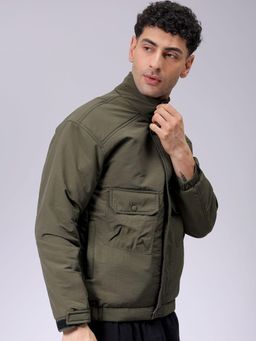 The Indian Garage Co - Men Olive Solid High Neck Full Sleeves Jacket