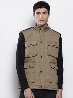 The Indian Garage Co - Men Olive Solid High Neck Sleeveless Jacket