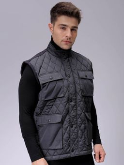 The Indian Garage Co - Men Grey Solid High Neck Sleeveless Jacket