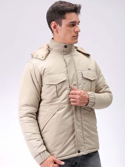 The Indian Garage Co - Men Beige Solid Hooded Full Sleeves Jacket