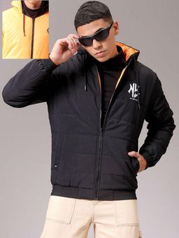 The Indian Garage Co - Men Black Reversable Printed Hooded Full Sleeves Jacket