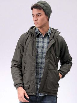 The Indian Garage Co - Men Olive Solid Hooded Full Sleeves Jacket