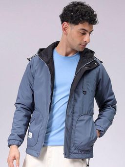 The Indian Garage Co - Men Blue Solid Hooded Full Sleeves Jacket