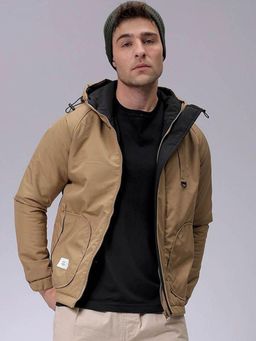 The Indian Garage Co - Men Beige Solid Hooded Full Sleeves Jacket