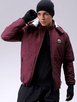 The Indian Garage Co - Men Burgundy Solid Detachable Hood Full Sleeves Jacket