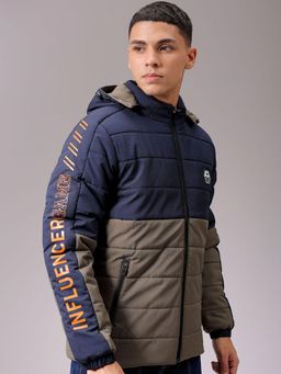 The Indian Garage Co - Men Navy Blue and Grey Colorblock Hooded Full Sleeves Jacket