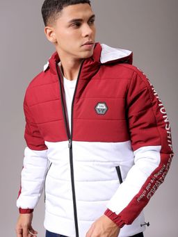 The Indian Garage Co - Men Red and White Colorblock Hooded Full Sleeves Jacket