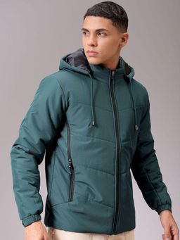 The Indian Garage Co - Men Teal Solid Hooded Full Sleeves Jacket
