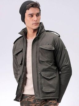 The Indian Garage Co - Men Olive Solid High Neck Full Sleeves Jacket
