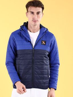 The Indian Garage Co - Men Blue and Navy Blue Colorblock Hooded Jacket