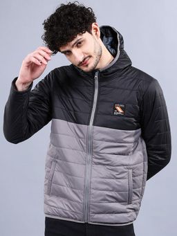 The Indian Garage Co - Men Black and Grey Colorblock Hooded Jacket