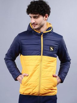 The Indian Garage Co - Men Navy Blue and Yellow Colorblock Hooded Jacket