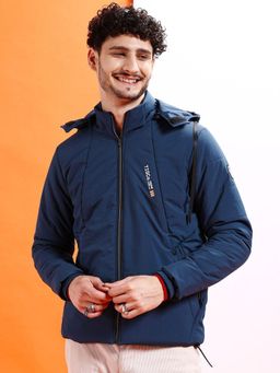 The Indian Garage Co - Men Blue Solid Hooded Full Sleeves Jacket