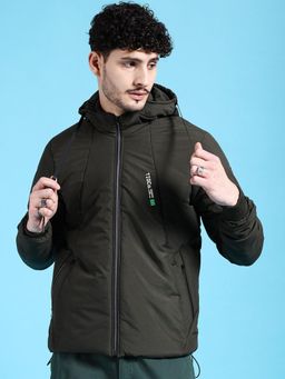 The Indian Garage Co - Men Olive Solid Hooded Full Sleeves Jacket
