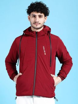 The Indian Garage Co - Men Maroon Solid Hooded Full Sleeves Jacket