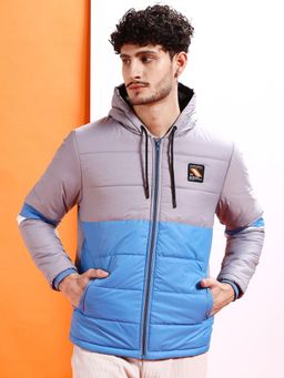 The Indian Garage Co - Men Grey and Blue Colorblock Hooded Jacket