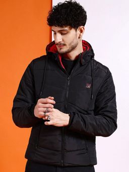The Indian Garage Co - Men Black Solid Hooded Full Sleeves Jacket