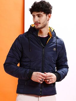 The Indian Garage Co - Men Navy Blue Solid Hooded Full Sleeves Jacket