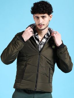 The Indian Garage Co - Men Olive Solid Hooded Full Sleeves Jacket