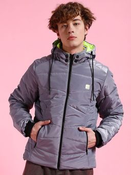 The Indian Garage Co - Men Grey Solid Hooded Full Sleeves Jacket