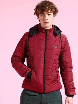 The Indian Garage Co - Men Maroon Solid Hooded Full Sleeves Jacket