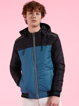 The Indian Garage Co - Men Teal and Black Colorblock Hooded Jacket