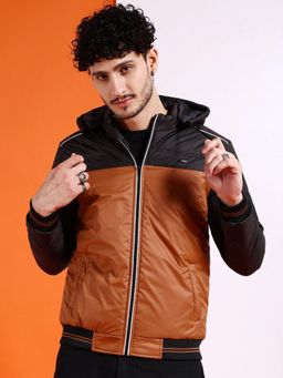 The Indian Garage Co - Men Tan and Black Colorblock Hooded Jacket