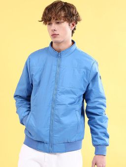 The Indian Garage Co - Men Light Blue Solid High Neck Full Sleeves Jacket