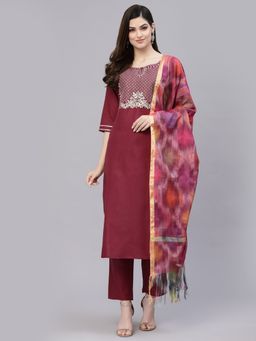 Stylum - Womens Embroidered Cotton Blend Straight Kurta Pant Dupatta (Set of 3)