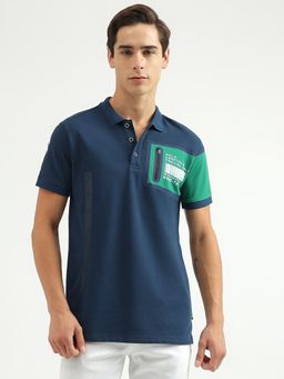 United Colors of Benetton - Navy Blue Printed Polo Neck Regular Fit Polo T Shirt