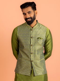 KISAH - Green Silk Blend Jacquard Nehru Jacket