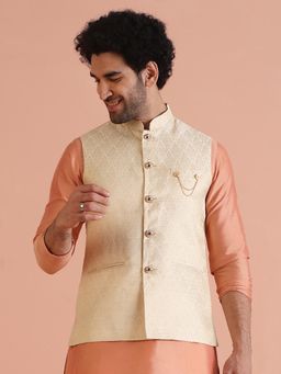 KISAH - Cream Silk Blend Jacquard Nehru Jacket