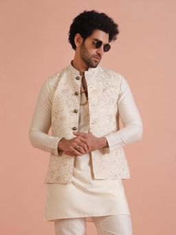 KISAH - Cream Golden Floral Nehru Jacket