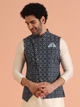 KISAH - Blue Cotton Printed Nehru Jacket Bundi
