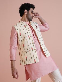 KISAH - Ivory Floral Printed Silk Blend Nehru Jacket