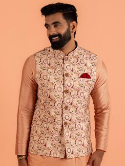 KISAH - Peach Silk Blend Jacquard Nehru Jacket with Maroon