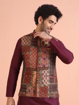 KISAH - Maroon Multicolor Patchwork Printed Silk Blend Nehru Jacket