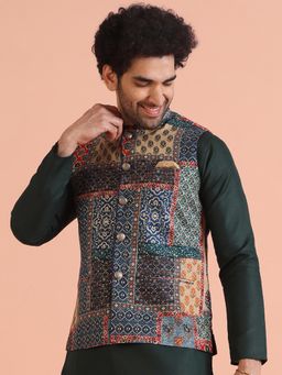 KISAH - Multicolor Patchwork Printed Silk Blend Nehru Jacket with Mandarin Collar