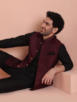 KISAH - Maroon Silk Blend Textured Nehru Jacket