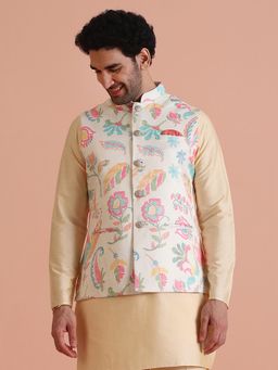 KISAH - Cream Silk Blend Multicolor Floral Printed Nehru Jacket