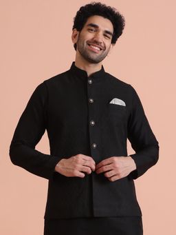 KISAH - Black Silk Blend Textured Nehru Jacket