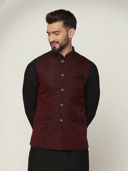 KISAH - Maroon Silk Blend Printed Nehru Jacket
