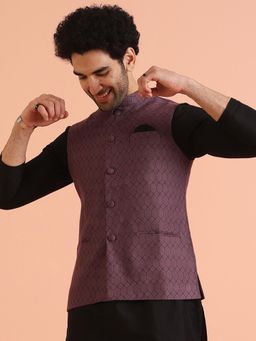 KISAH - Purple Silk Blend Geometric Nehru Jacket