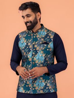 KISAH - Teal Blue Cotton Silk Floral Nehru Jacket