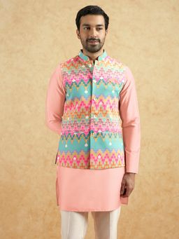 KISAH - Pastel Multi Cotton Silk Geometric Nehru Jacket