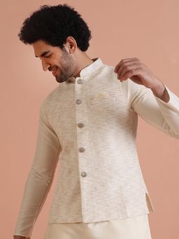 KISAH - Cream Cotton Silk Textured Nehru Jacket