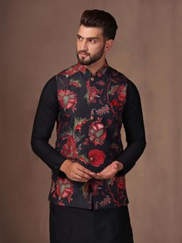 KISAH - Navy Blue Silk Blend Floral Nehru Jacket