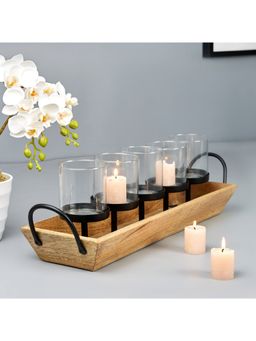 HomeTown - Venice Wood And Metal Modern Candle Tray Holder 59X5X12 Cm Brown