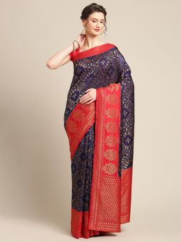 Banarasi Silk Works - Dupion Woven Saree Navy Blue with Unstitched Blouse